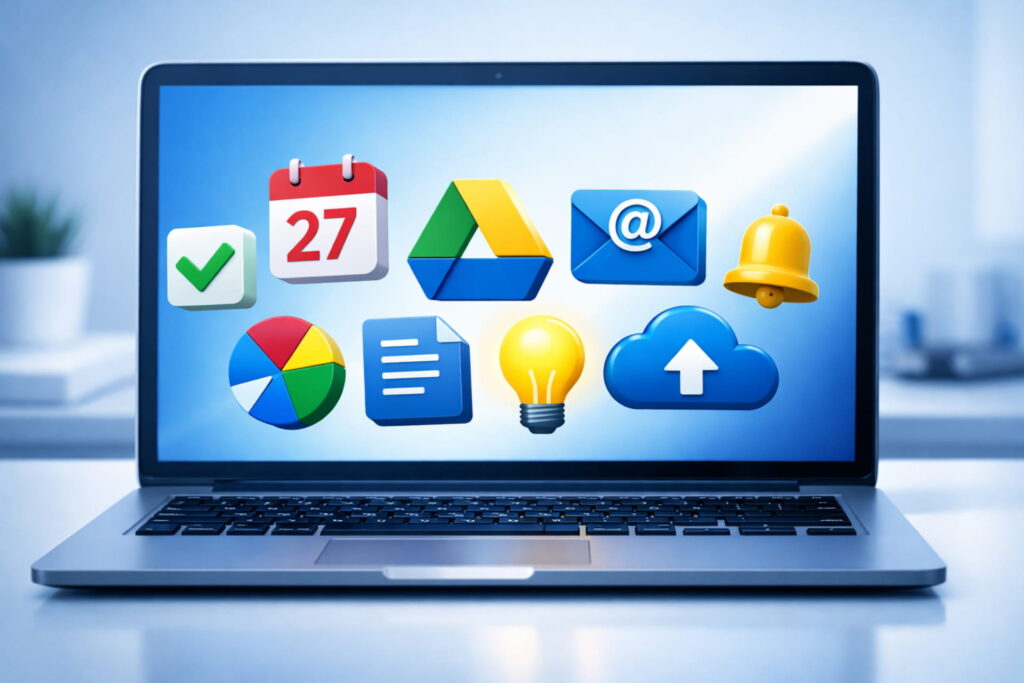 Professional laptop setup displaying various Chrome productivity extensions, chrome extensions