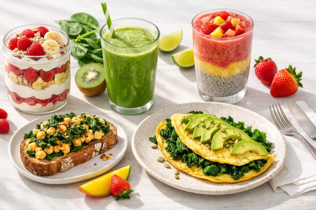 15-minute anti-inflammatory breakfasts recipes for weight loss featuring smoothies, yogurt parfaits, toast and omelet on a healthy breakfast table