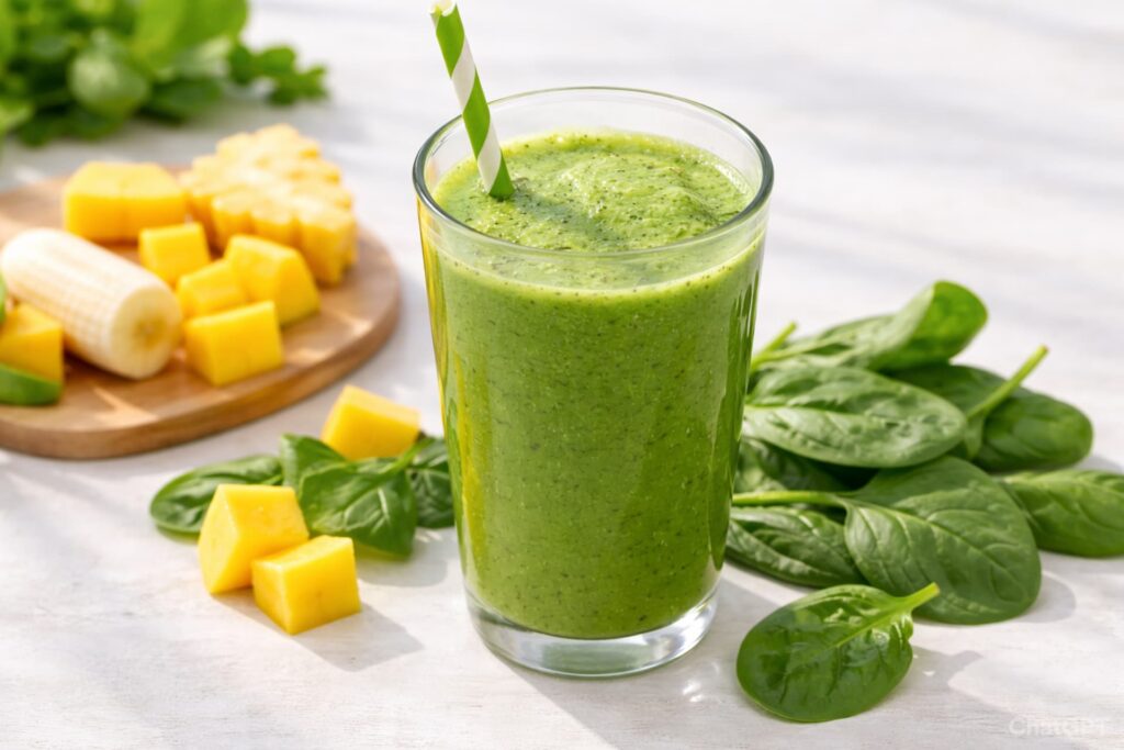 Healthy green smoothie made with spinach, banana, mango, pineapple and chia seeds, Anti-Inflammatory Breakfasts
