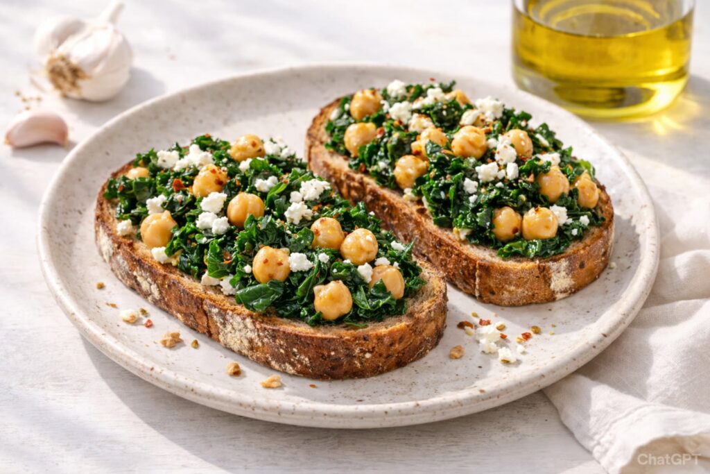 Chickpea and kale toast topped with feta cheese on whole-grain bread, Anti-Inflammatory Breakfasts