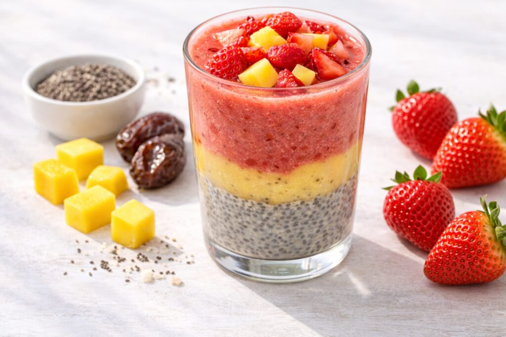 Strawberry mango chia seed smoothie rich in fiber and antioxidants, Anti-Inflammatory Breakfasts