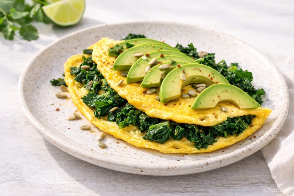 High-protein avocado and kale omelet with fresh greens and healthy fats, Anti-Inflammatory Breakfasts