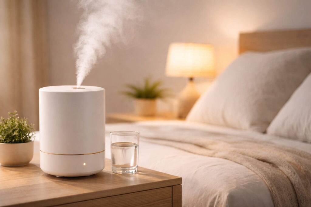 Using a humidifier to maintain skin moisture in a dry winter room, Skincare Routine for Winter