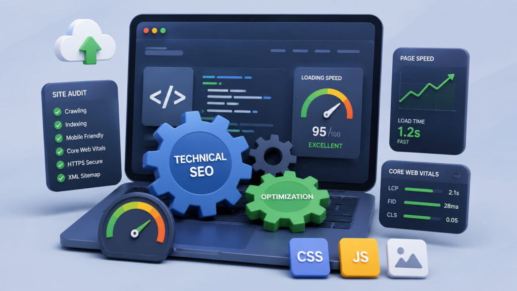 Technical SEO optimization, website speed test,  