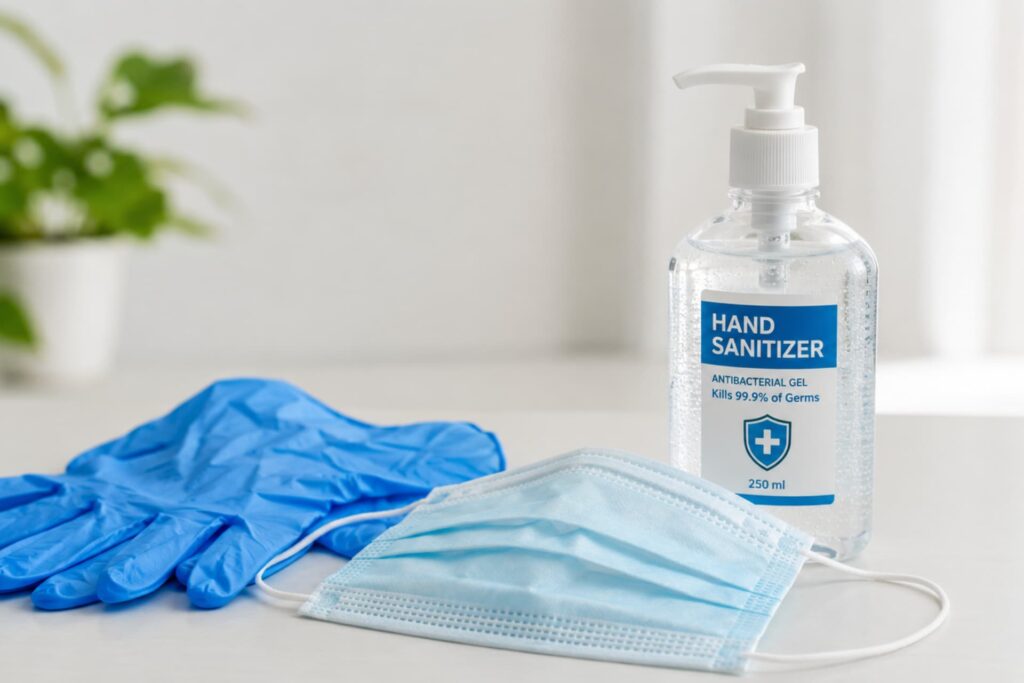 Medical protective gear and sanitizer for Ebola prevention.