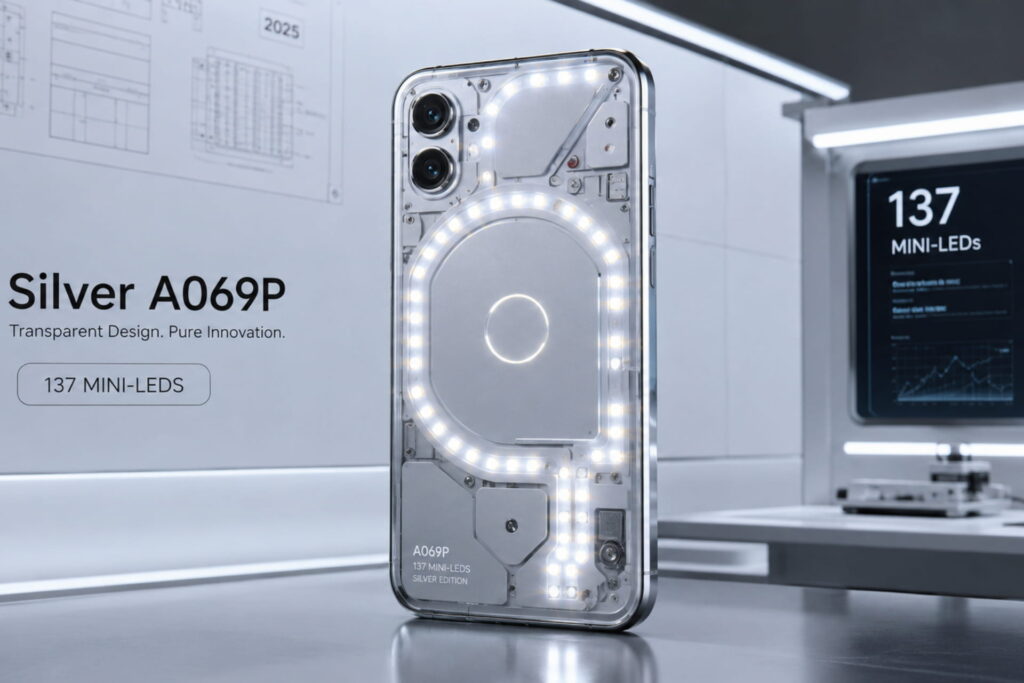 Nothing A069P silver smartphone showing Glyph interface LEDs, Phone A069P