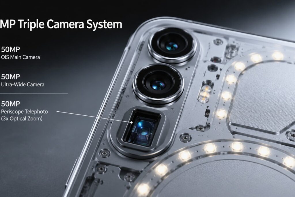 Triple camera setup of Nothing A069P with 50MP periscope lens, Phone A069P