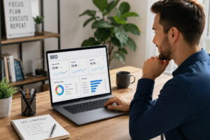 Beginner learning SEO on a laptop in a modern office,