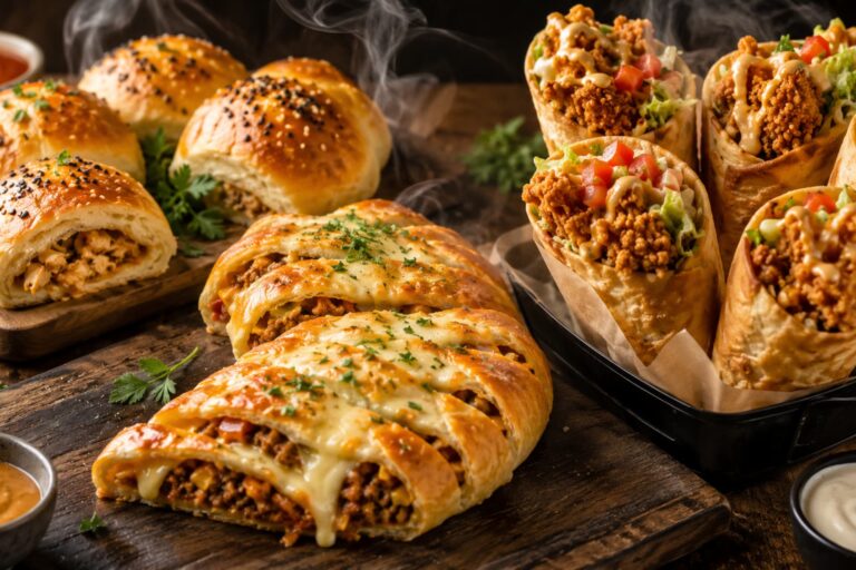 A variety of cheesy chicken snacks, including buns and stromboli, Chicken Snacks Recipes