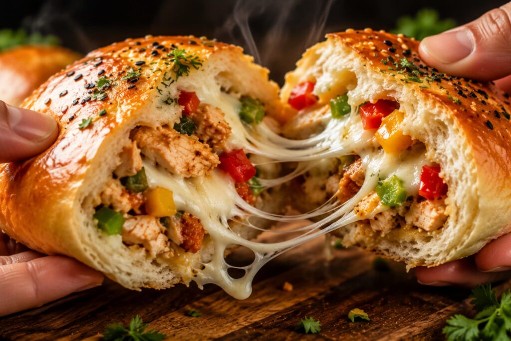 Inside look of a cheesy chicken and vegetable stuffed bun, Chicken Snacks Recipes