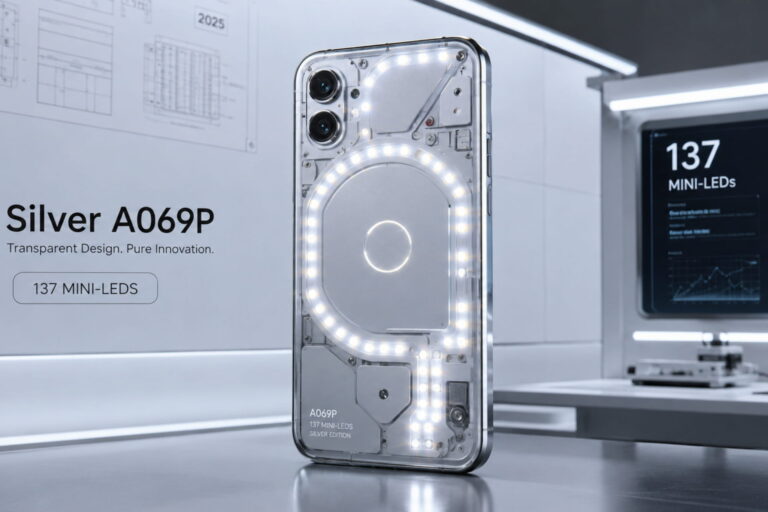 Nothing A069P silver smartphone showing Glyph interface LEDs, Phone A069P