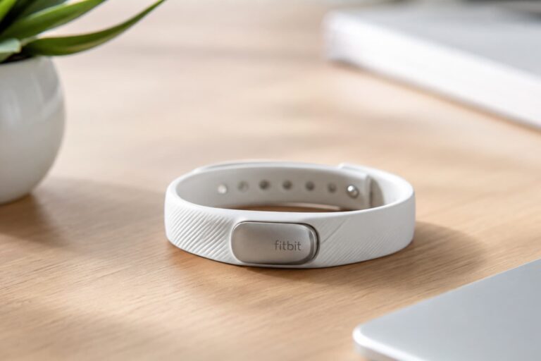Close-up of the screenless Fitbit Air fitness tracker on a minimalist wristband